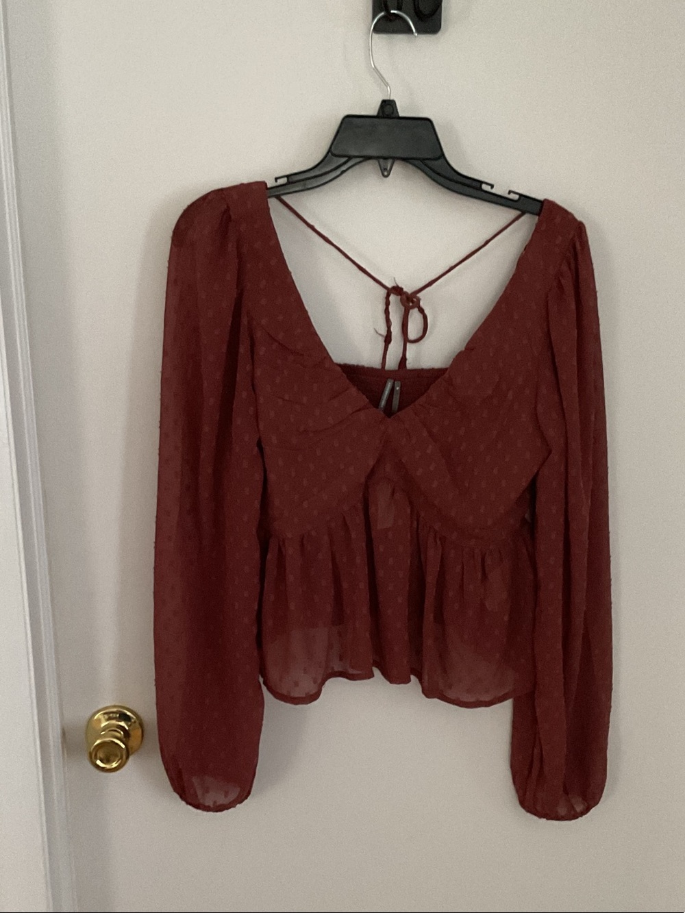 Anthropologie Rust Red Sheer Peplum Long-Sleeve Blouse